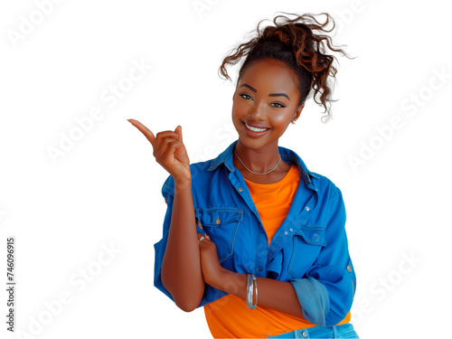 Mulher sorridente apontando dedo para o lado. Fundo transparente para design gráfico. Uso: anúncios online, mídia social, design criativo, tecnologia