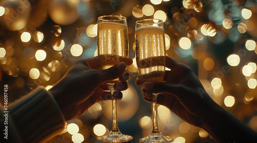 Momento de Brinde A Celebração das Mãos em Taças de Champanhe Diante do Horizonte Cintilante