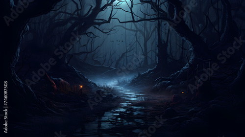  Realistic haunted forest creepy landscape at night dark forest fire , Illustration of night forest alight with bright moon in clouds