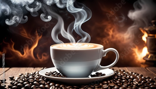 Generative AI. A cup of coffee on a table. The cup is white and has a saucer. There are coffee beans on the table. The background is a dark brown. There is a fire flame on the background.