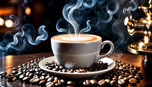 Generative AI. A cup of coffee on a table. The cup is white and has a saucer. There are coffee beans on the table. The background is a dark brown. There is a fire flame on the background.