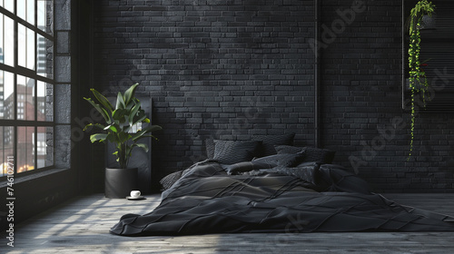 interior of modern bedroom with gray and black wall and wooden bed