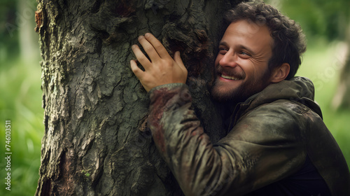 a man hugging a tree, concept of taking care of nature, ecological concept