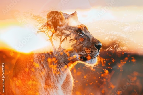 A lioness blended with the golden hues of the African savanna at sunrise in a double exposure