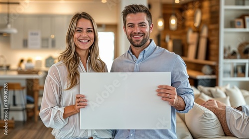 an image of a smiling couple holding a blank poster in a housing showroom.