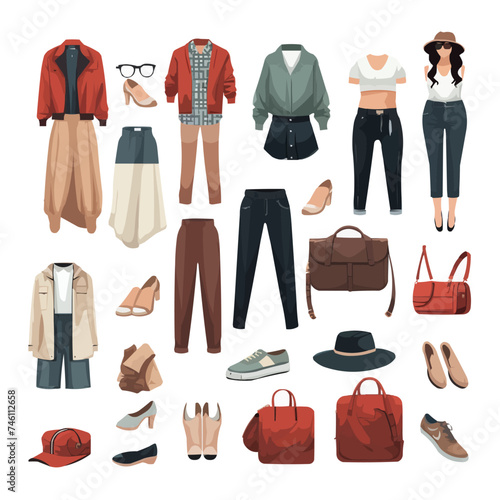 Fashion clothes set. Garment, accessory for men, women. Different apparel collection. Modern casual dress, pants, jacket, shoes and bags. Flat graphic vector illustration isolated on white background