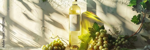 Blank bottle of wine with grapes and copy space for product mockup