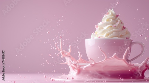 a cup filled with whipped cream and sprinkles of pink liquid with a splash of pink liquid coming out of the cup.