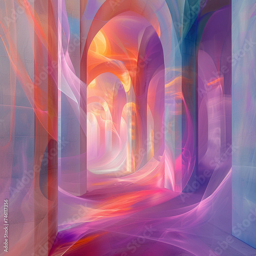 Create an abstract piece that symbolizes the sanctuary of the mind one might find through the meditative aspects of cardio exercises within the sacred space of a church Use soft, ethereal shapes to