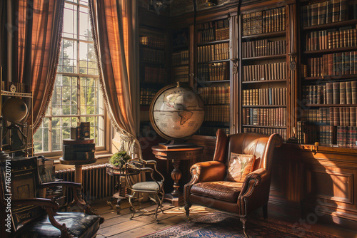 A luxurious room filled with the scent of rare woods and leather golden sunlight filtering through heavy curtains highlighting a collection of antique books and a vintage globe