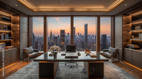 A sleek modern office with panoramic views of the city skyline the air infused with the subtle scent of fresh orchids and the crispness of meticulously crafted paper currency