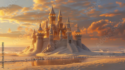 An exquisite and magnificent sand castle on a pristine beach at sunset detailed spires and turrets catching the golden light reflecting the intricate craftsmanship