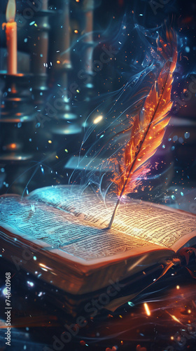Digital art of a feather quill pen overlaying an open book pages filled with glowing symbols and scripts emphasizing the magic of writing