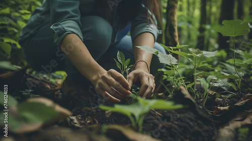 Mulher plantando árvore na floresta exuberante com luz natural suave filtrando pelo dossel