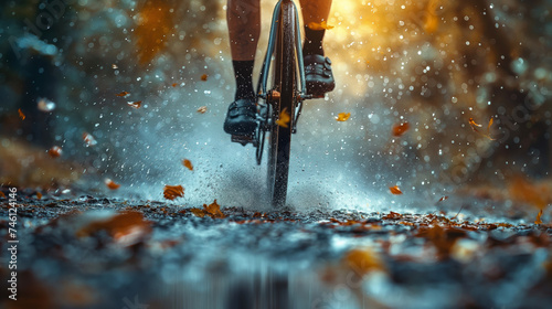 Cyclist speeding over gravel, water and mud
