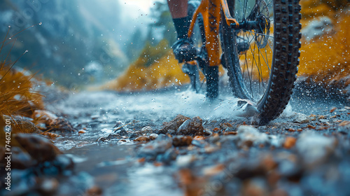 Cyclist speeding over gravel, water and mud