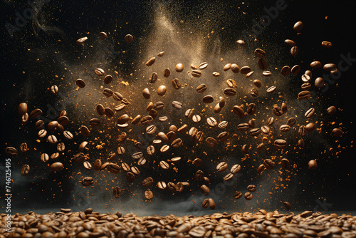 Coffee beans captured in mid-air with a dynamic explosion of grounds