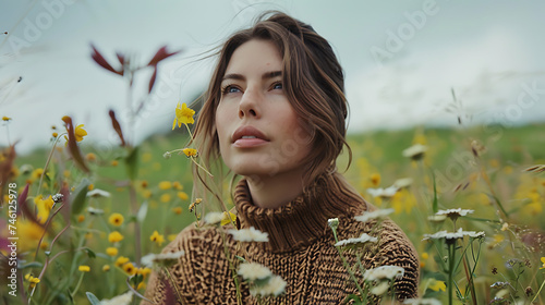 Mulher aconchegante em campo de flores selvagens contemplativa e serena capturada em close com lente de 50mm