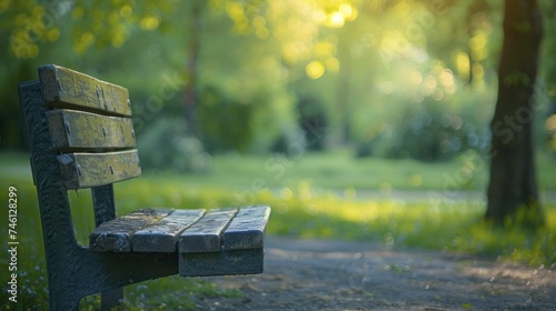 Aged wooden bench in serene park, prompts reflection on nature, embraced by verdant haze.