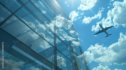 An aircraft soaring against a blue sky backdrop, framed by a glass curtain wall