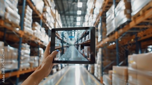 In the context of Industry 4.0 and smart logistics, a hand holds a tablet with an AR application to check order pick times in a smart factory background