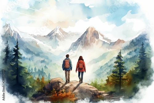 couple traveling and hiking with backpacks in mountains watercolor illustration. Backpackers tourists. Couples coals. Active lifestyle.