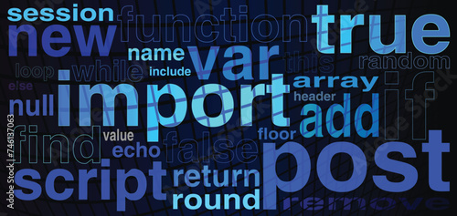 Programming abstract dark blue color terms arranged on a black background