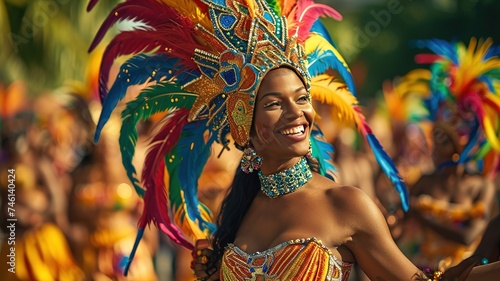 Dynamic shot, Brazilian carnival dancer, leading a vibrant samba parade.