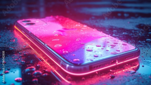 雨に濡れて光るスマートフォン,Generative AI AI画像