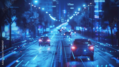A blue-toned image depicts a smart car in autonomous mode on city roads, featuring a HUD and integrating IoT technology with graphic sensor radar signals and internet connectivity