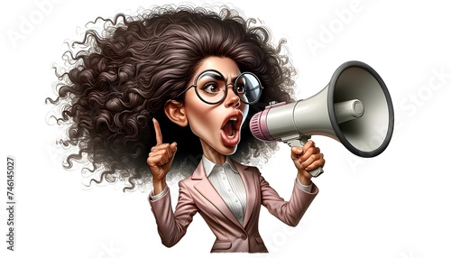Femme caricaturée hurlant dans un mégaphone