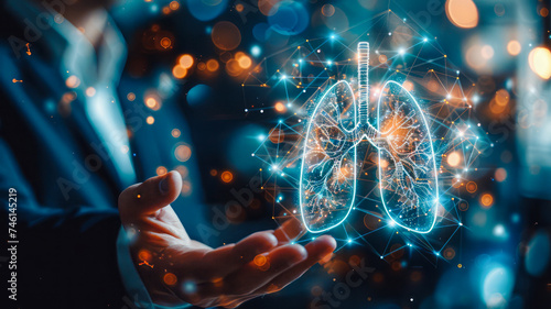 A person handles icons related to the medical network, including a lung hologram. Conceptually, this represents the synthesis of technology and medicine, with a focus on innovation and digital health 