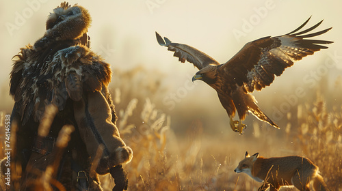 A Kazakh eagle hunter hunting with his eagle. The hunter wearing traditional Kazakh clothing. The eagle a golden eagle.