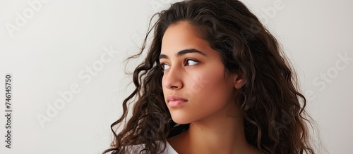 A serious young Hispanic woman with long hair glances sideways in a digital painting on a white background. The womans expression is focused and contemplative, highlighting the detailed rendering of
