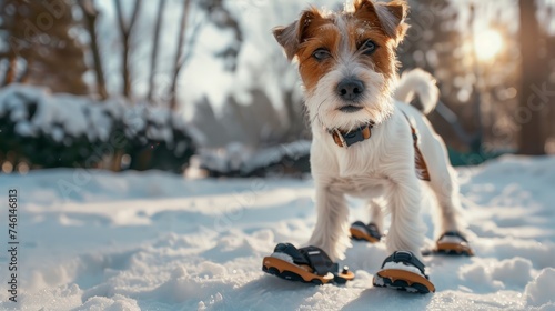 Cute little terrier wearing snow shoes on all four paws for protection and a warm coat against the cold winter weather standing on fresh snow looking alertly off to the right