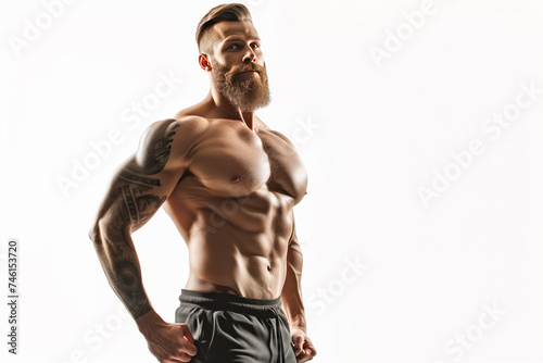 A muscular man with intricate tattoos on his arms and torso poses against a stark white background.