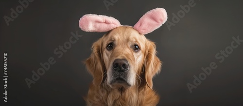 A Golden Retriever dog hides in embarrassment while wearing adorable pink bunny ears.