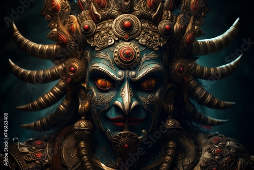 Ferocious Ravana indian demon. Rugged mystical and horned creature with great strength. Generate AI