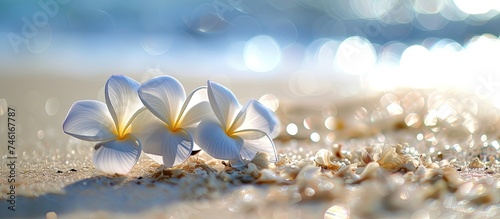 Two exquisite white plumeria flowers are elegantly displayed atop the soft sandy beach. The delicate petals contrast beautifully against the beige grains, creating a simple yet striking scene.