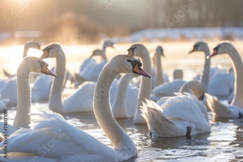 Serene flock of white swans on a misty lake at sunrise, creating a tranquil and graceful scene in nature.