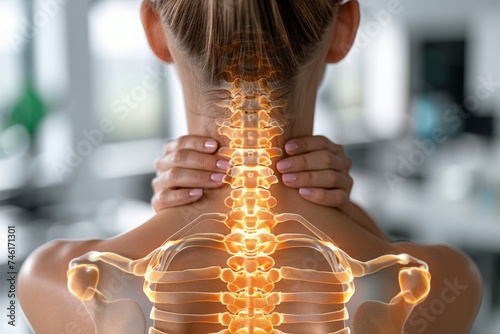 Woman holds her neck, superimposed with a glowing digital representation of her spine and shoulder blades in advanced medical imaging and physiotherapy technology