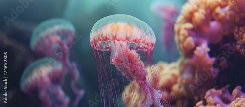 A group of jellyfish gracefully swim in an aquarium, their translucent bodies gliding through the water. The jellyfish move in a mesmerizing fashion, displaying their unique shapes and vibrant colors.