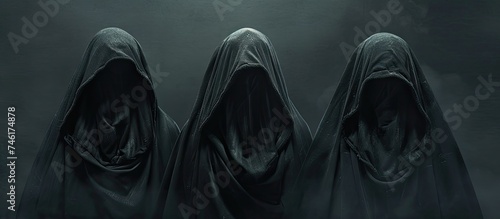 Three ominous figures stand in the shadows, their faces hidden by dark hooded cloaks. The eerie scene exudes an air of mystery and foreboding.