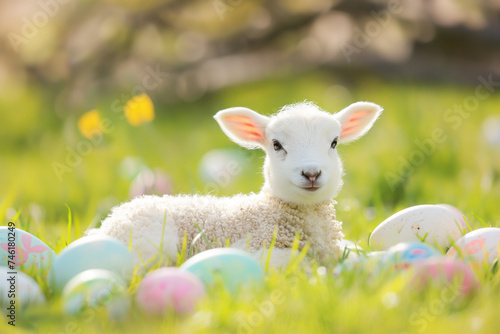 little lamb of god lies on green grass among colorful eggs for easter, generative AI