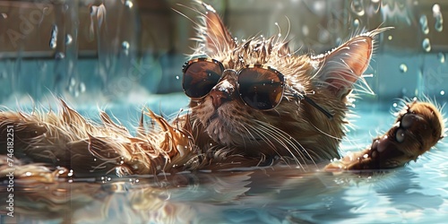 cat wearing sunglasses in swimming pool floating in the summer water