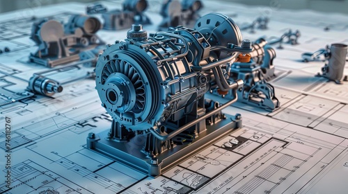 Engine 3D model on top of engineering schematics - automotive mechanical engineering