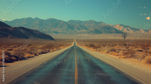 Mountainous Road Trip, Scenic Desert Landscape with an Empty Highway Stretching towards Valley