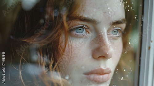 Uma mulher contemplativa observa à distância pela janela com olhar melancólico capturada com lente de 50mm e luz suave