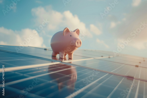 Solar energy money saving. A piggy bank money box on a solar energy panel