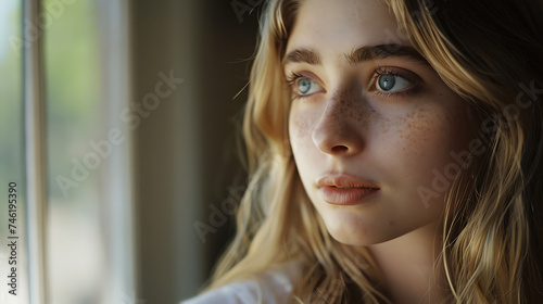 Jovem mulher contemplativa à frente ambiente natural tranquilo com luz suave ao entardecer